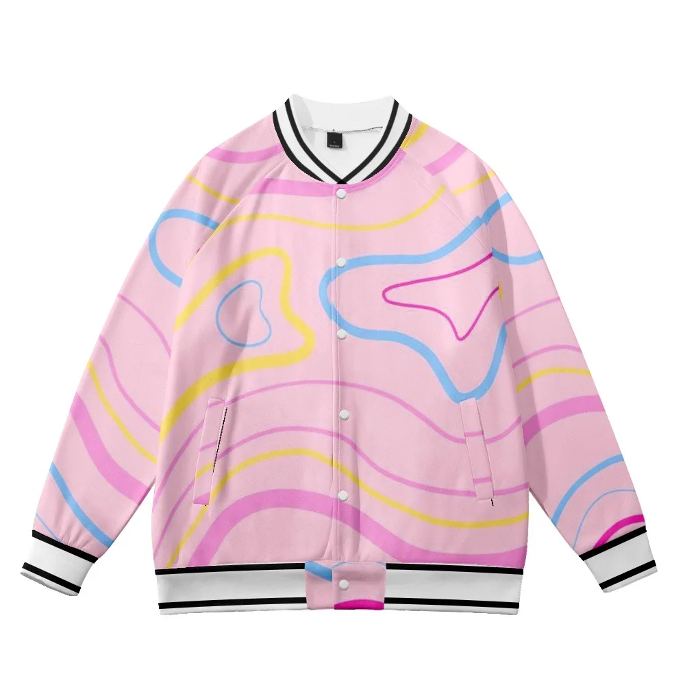 

Spring and Autumn Men Pink Print Baseball Uniform Men Women Loose Long Sleeve Jacket Streetwear