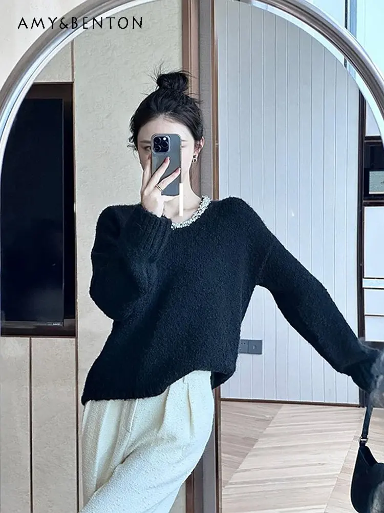 Long Sleeve Black Loose Sweater for Women 2023 Autumn Winter New Korean Style Gentle High-Grade Nice Soft Bottoming Pullover