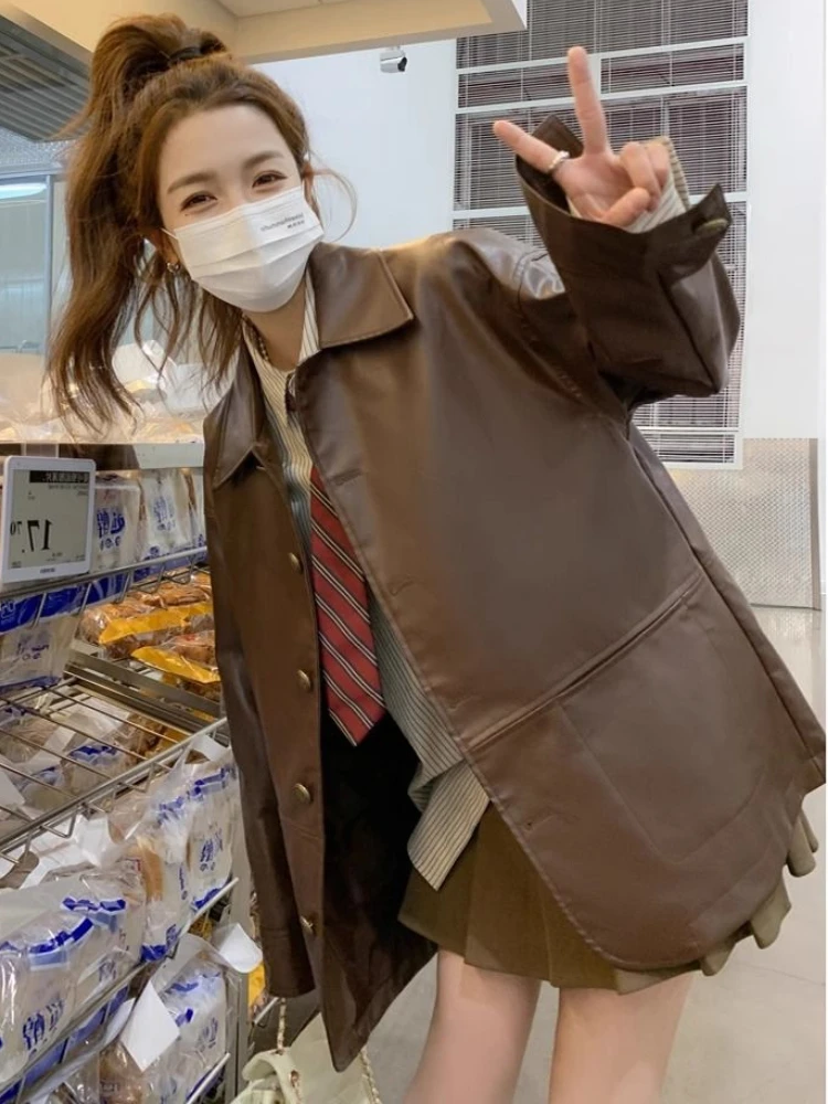 Весенняя модная новая женская кожаная куртка с откидным воротником однобортное