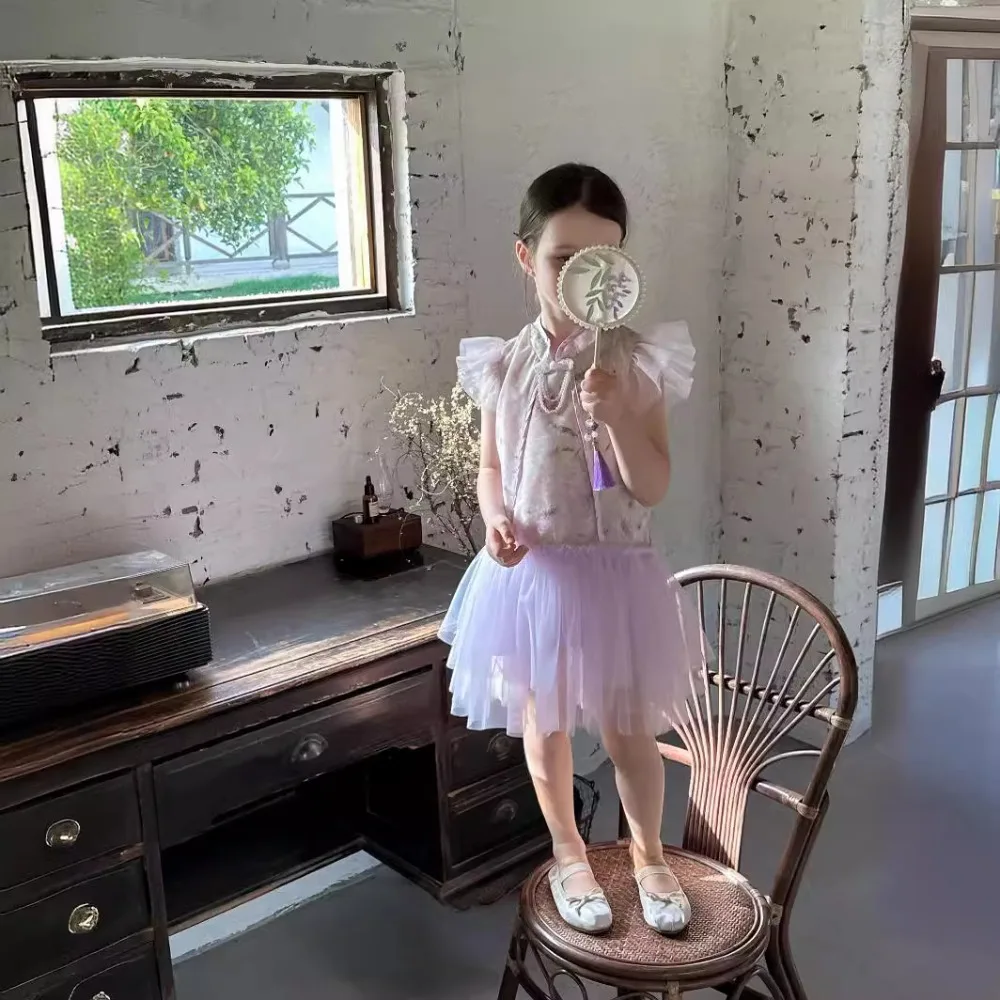 Платье для девочек Новинка лета 2024 китайское газовое платье без рукавов с