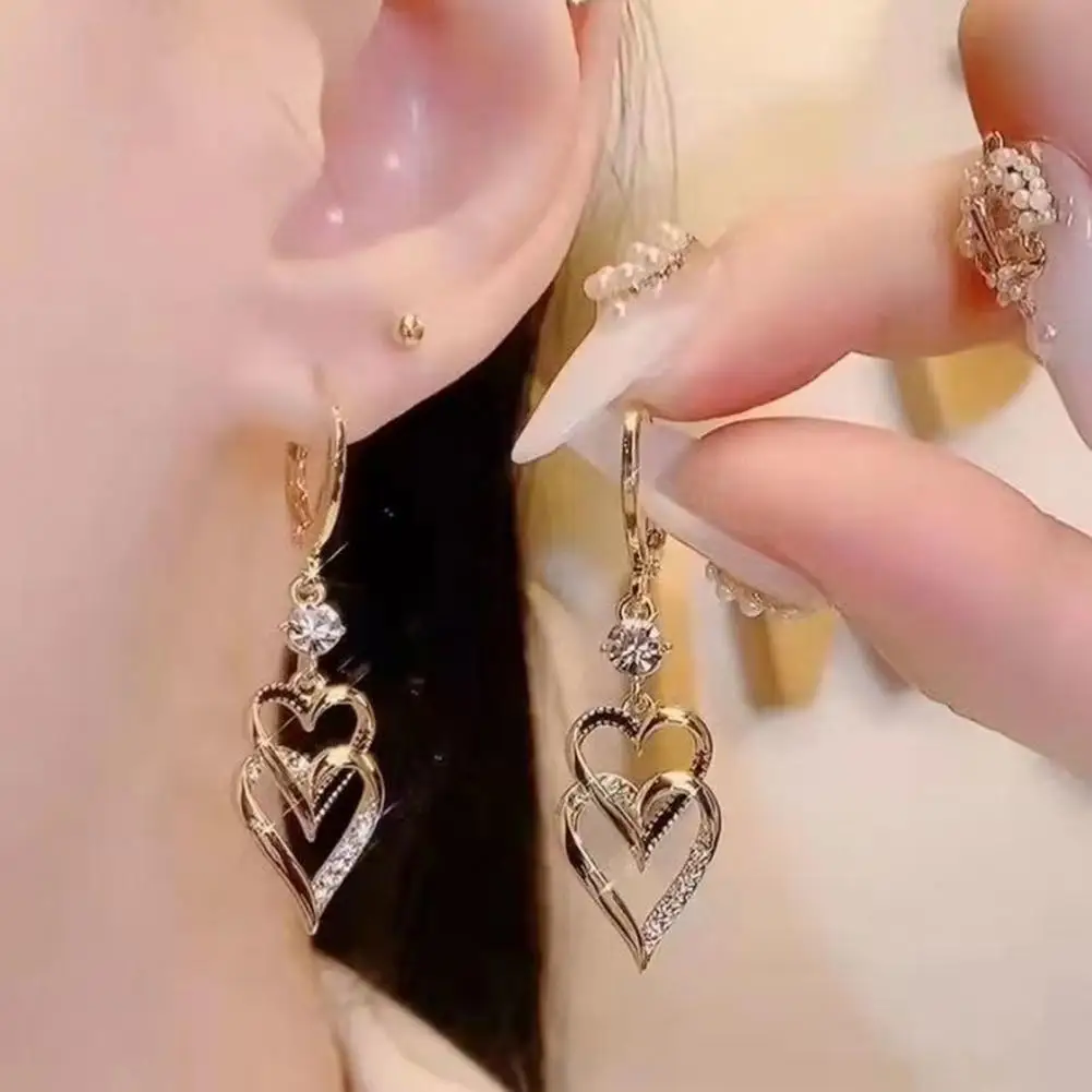 Dangle Earrings Rhinestone Inlaid Gift Women Double-layer Heart Pendant Drop Earrings Female Drop Earrings Retro Jewelry