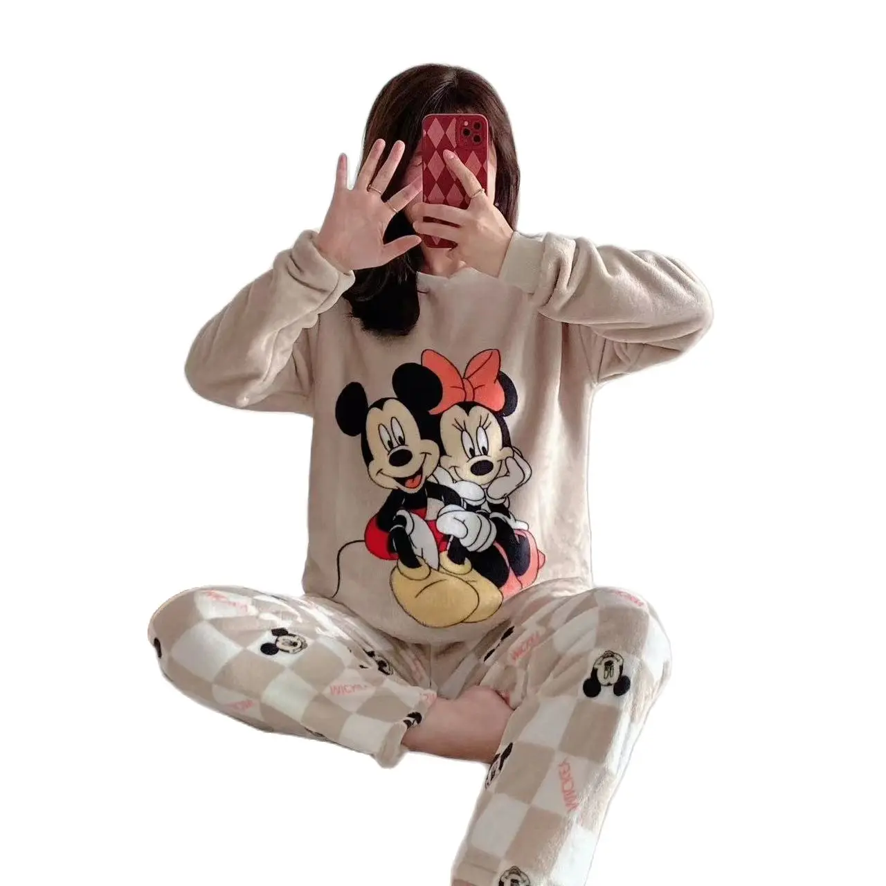 Disney Flannel Mickey Minnie Mouse Pajamas Set Thick Warm Sleepwear Nightwear Female Loose Pijamas Suit Coral Fleece Loungewear