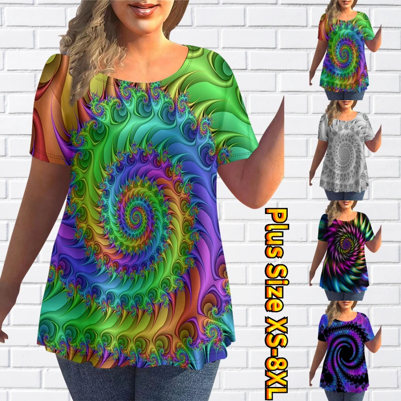 

2022 Summer Womens Multicolor Abstract Print Tee Gradient Color Element Tops Female Fashion Casual Loose Shirt Loose Crew Neck