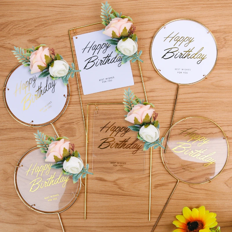 

1Pcs Metal Happy Birthday Cake Topper Decoration Flowers Artificial for Baby Shower Birthday Party Cake Toppers Dessert DIY
