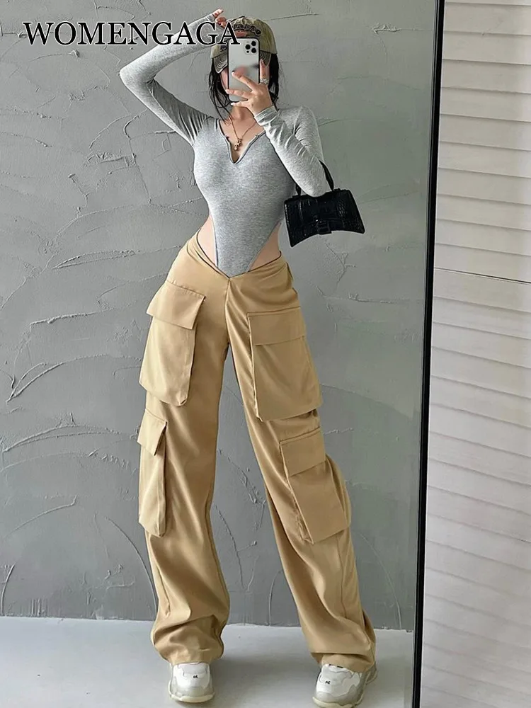 

WOMENGAGA Spice Girl Fashion Loose Slim V-waist Trouser Multi Pocket Cargo Pants Casual Trousers Autumn Gothic Clothes 4EWD