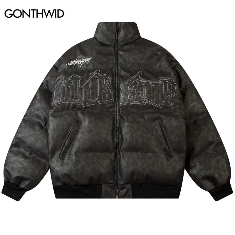 

Винтажная Толстая теплая кожаная куртка, зимние парки, уличная одежда в стиле хип-хоп, ретро, с вышивкой и нашивкой, водонепроницаемое пальто из искусственной кожи, парка 2023