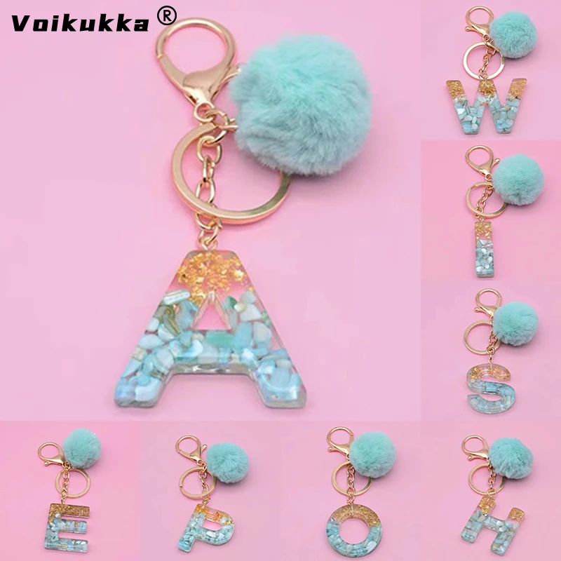 

Voikukka 26 English Alphabet Resin Letters Pendant With Plush Ball Popular Jewelry Keychain Bag Car Keyring For Women Girlfriend