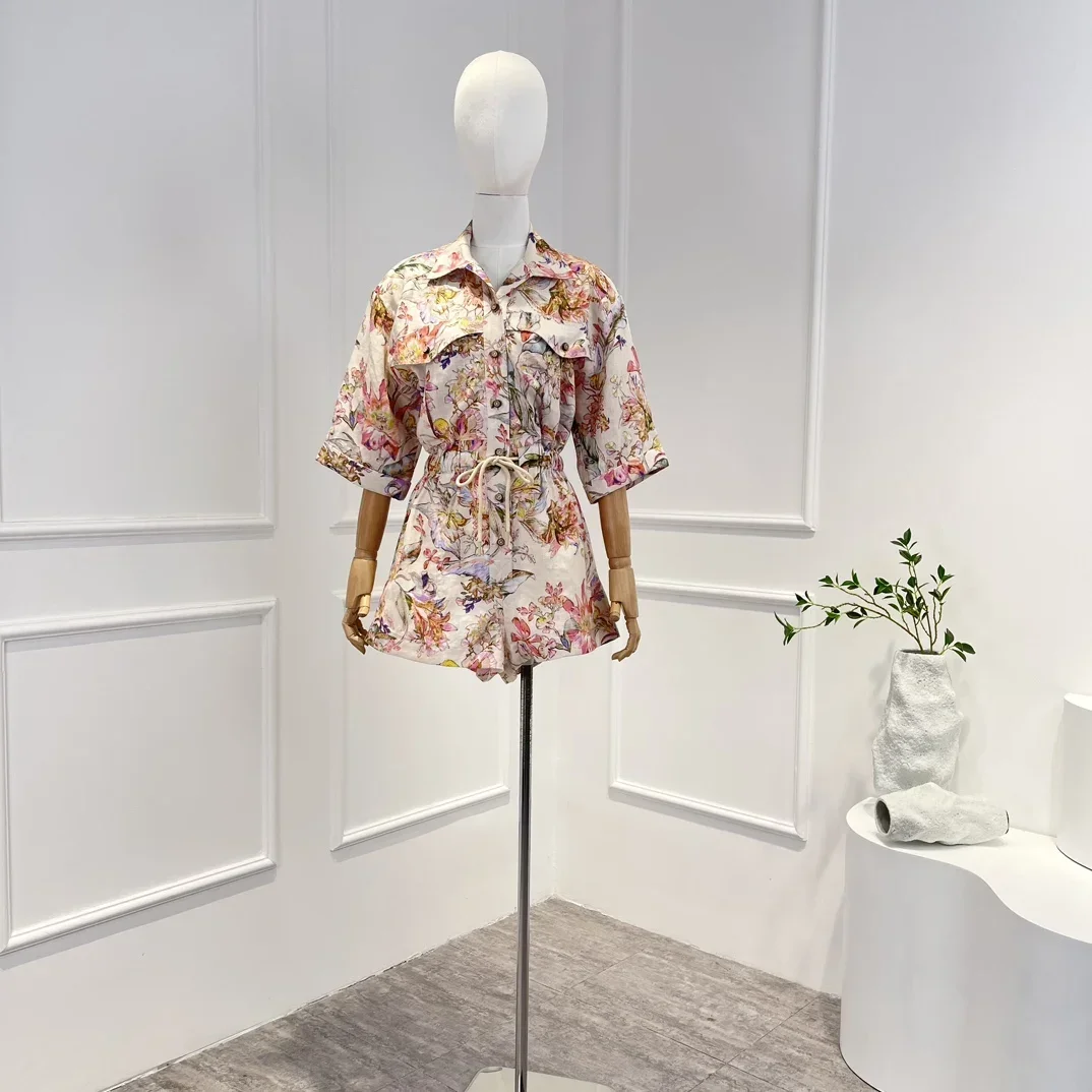 

Винтажные женские льняные шорты с цветочным принтом, комбинезоны с эластичной талией и отложным воротником на завязках, Новое поступление 2023