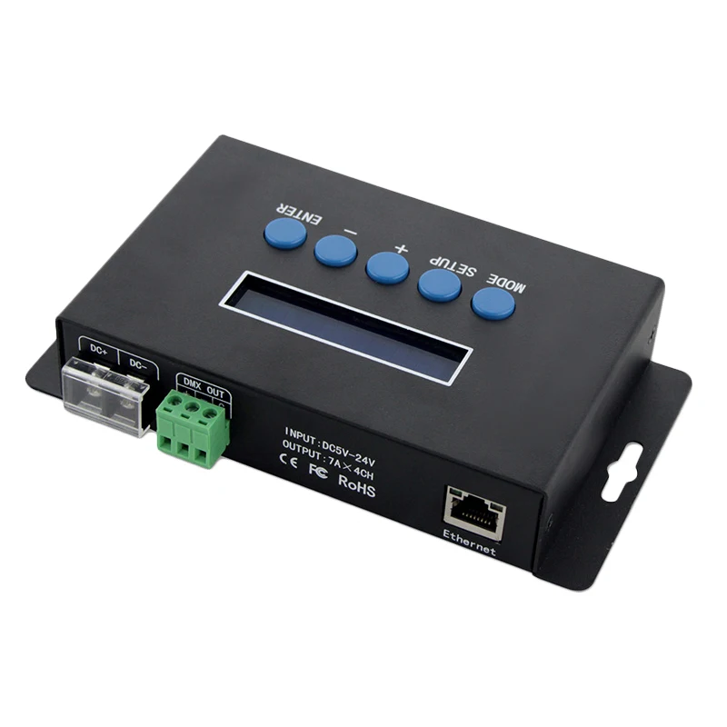 

DC 5V 12V 24V Ethernet to SPI / DMX 512 LED Stage Digital Pixel Light Converter Controller 4 Way Port 4 Channel 7A/CH ArtNet-SPI