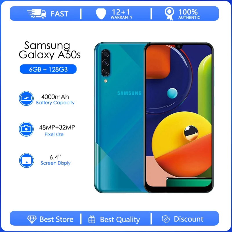

Восстановленный Оригинальный разблокированный Samsung Galaxy A50s, A507F, A507FN, A5070, Android, Wi-Fi, 48 МП, 6,4 дюйма, 128 ГБ, 6 ГБ ОЗУ, быстрая зарядка