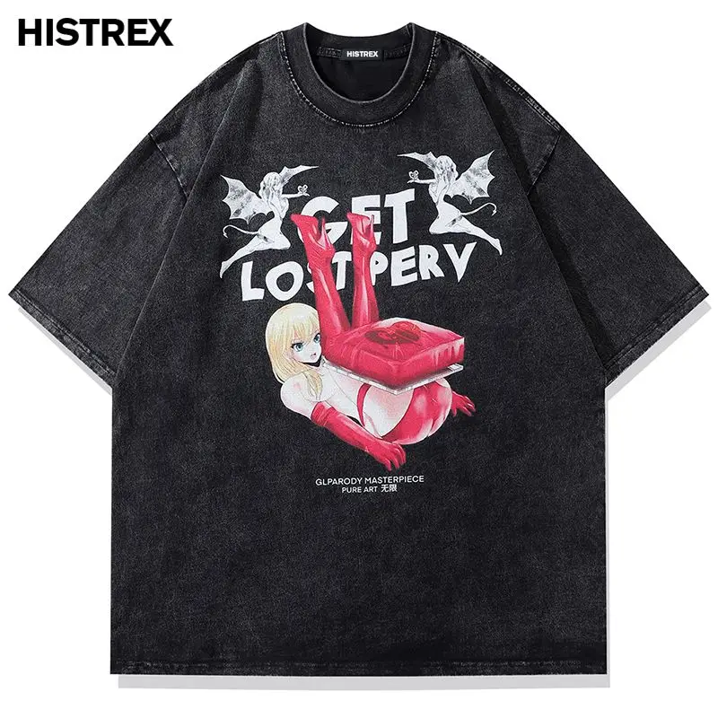 

Harajuku Streetwear Мужская футболка, Япония Kawaii Мультфильм Аниме Хлопковая футболка, Летняя футболка в стиле хип-хоп, Женские топы Y2K Кокетливая оде...