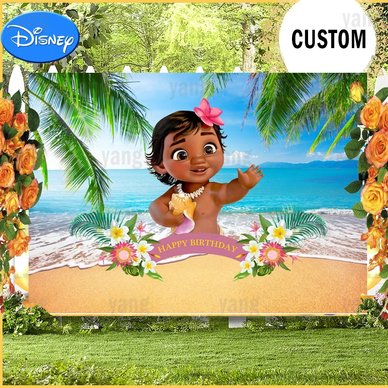 Disney Summer Beach Photo Background Moana Tropical Leaves Happy Kid 1st 2 3rd Birthday Cartoon Girl Princess Backdrop Blue Sea