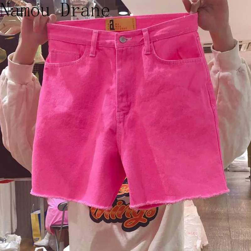 

Korea Dongdaemun New 2022 Summer Fashion Slimming Age-Reducing Rose Red Waisted Raw Denim Shorts Women's Fashion