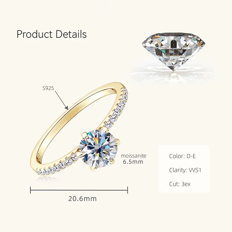 IOGOU D1.00CT 6,5 мм круглое D кольцо с бриллиантом из муассанита для женщин, стерлинговое серебро 925 пробы, помолвка, ювелирные изделия, обручальные кольца (art.: 3920cf58dd280) - 3920cf58dd280