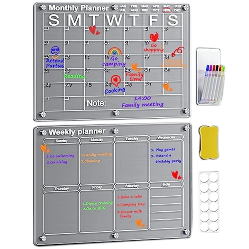 

Magnetic Calendar For Fridge 2 Pcs Clear Dry Erase Board Reusable Monthly & Weekly Planner Acrylic For Refrigerator