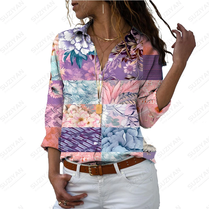 

Summer new ladies shirt flower element stitching 3D printed lady shirt casual style women's shirt fashion trend women's shirt