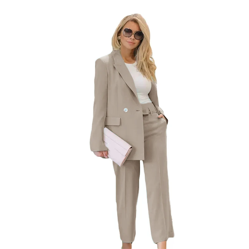 Women's Suit 2 Piece Sky Blue Solid Color Loose Lady Tuxedos Suits Slim Temperament Business Autumn Wedding Party Jacket Pants images - 6