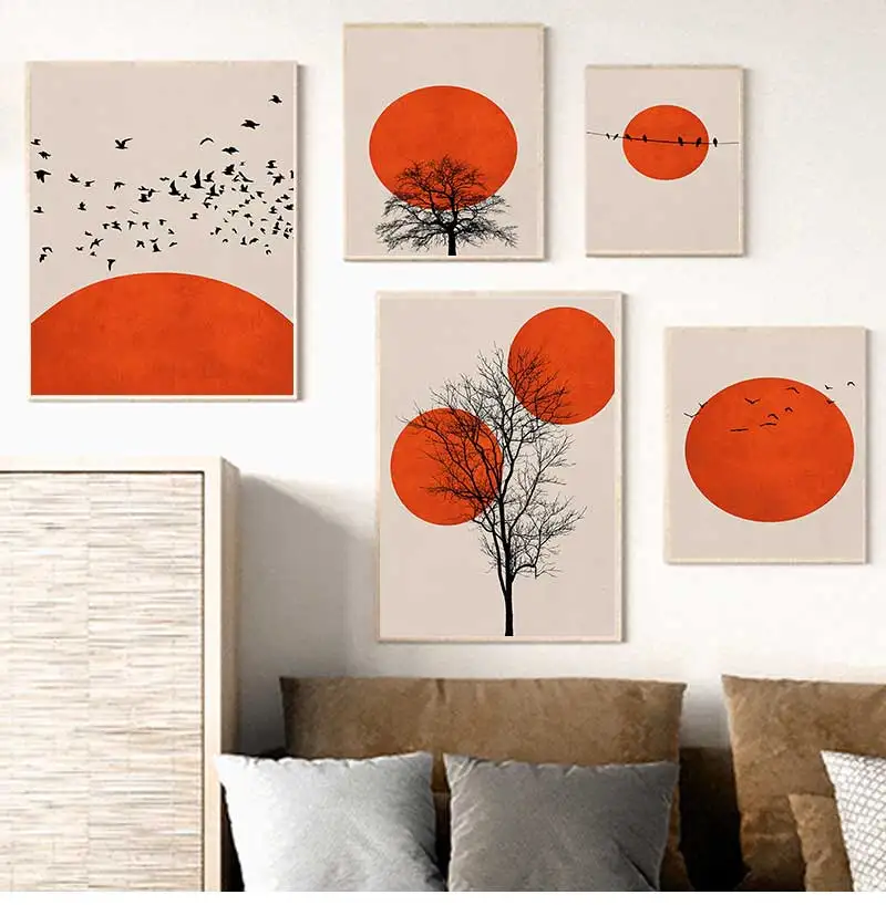 

Скандинавские настенные картины с изображением утреннего солнца, дерева, птиц, абстрактные постеры, декоративные картины для спальни, роскошное украшение для дома