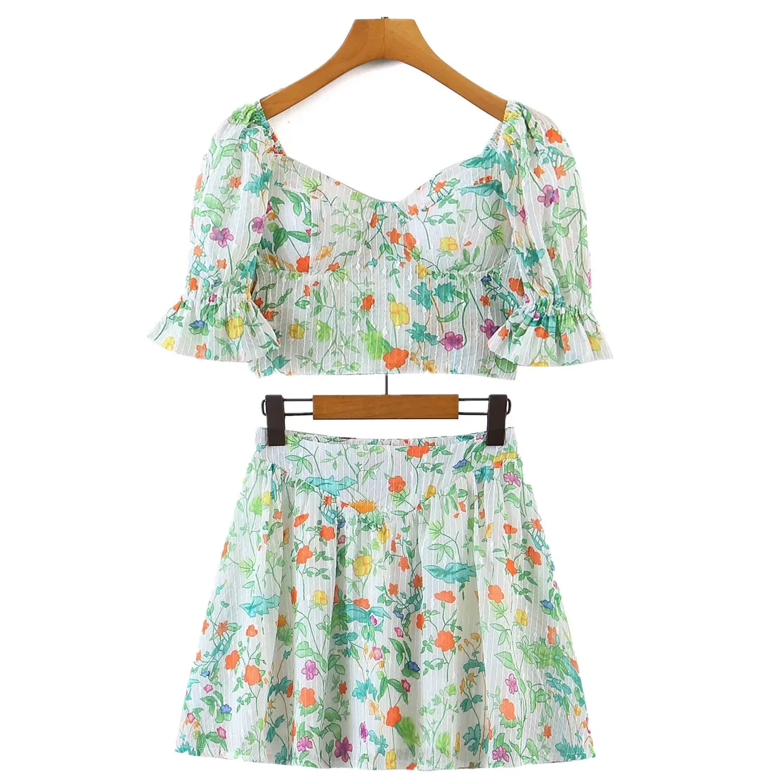 

Maxdutti High Waist A-line Mini Skirts Sets Women 2022 Indie Folk Vintage Green Floral Print Off Shoulder Sexy Short Tops Blouse
