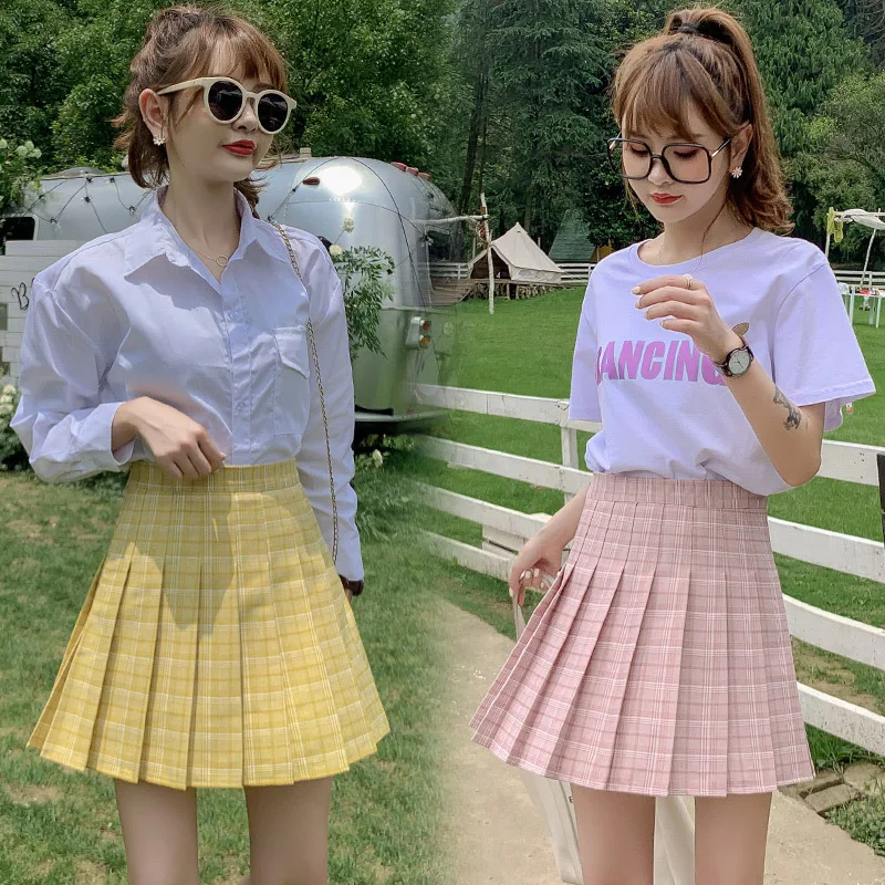 

2022 Summer New Large Size Preppy Style High Waist Plaid Skirts Kawaii A-Line Mini Skirt Fashion Pink Women's Pleated Skirt
