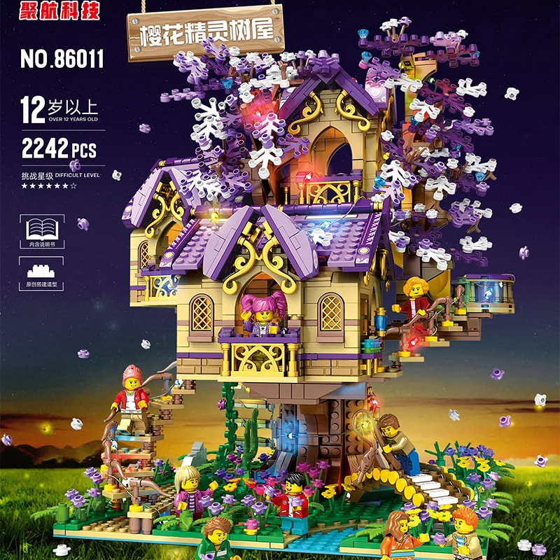 

2242pcs Sakura Elves Tree House Model Creativity Forest City Strees View Abs Small Particles Assembling Blocks Children's Toys