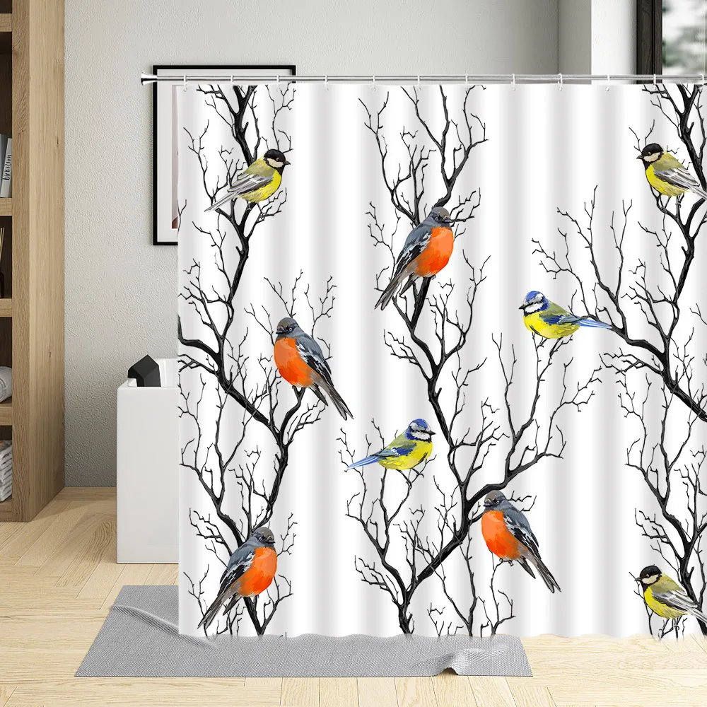 

Plant Birds Shower Curtains Watercolor Animals Branch Hand Painted Art Modern Simple Fabric Printed Bath Curtain Bathroom Decor