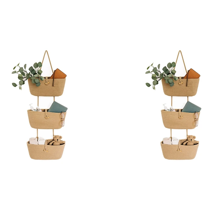 

2X Rope Over The Door Basket 3-Tier Wall Hanging Basket For Storage Over Door Organizer Hanging Baskets For Room - Camel