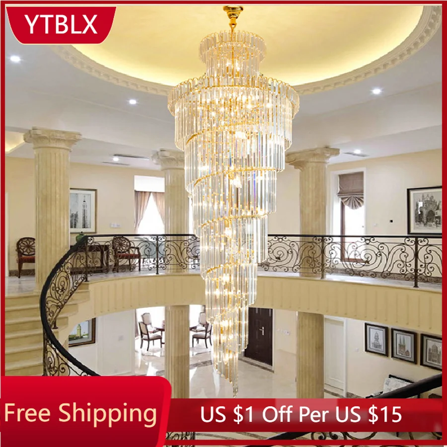 

Crystal chandelier duplex staircase chandelier simple atmosphere Villa Hotel European rotary staircase lamp long Chandelier