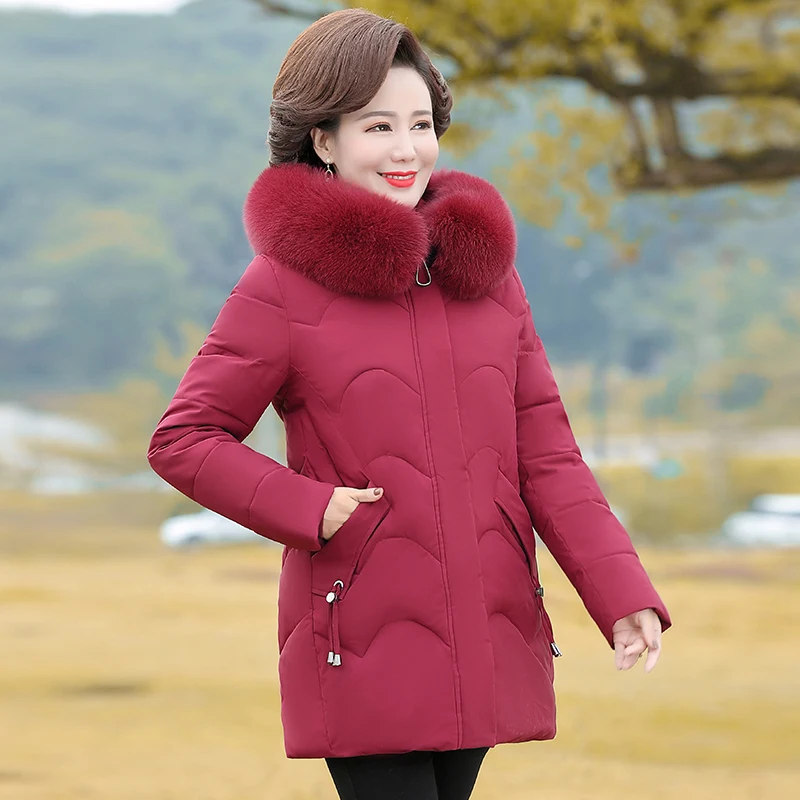 Middle Aged Women Thick Down Padded Cotton Jacket New Fashion Hooded Fur Collar Parkas Women Winter Jacket Coat Outerwear