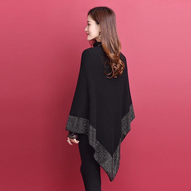 New Autumn Fashion Winter Diamonds Knit Shawl Cloak Loose Plus Size Solid Woman Poncho Cape Pullover Sweater Black images - 6