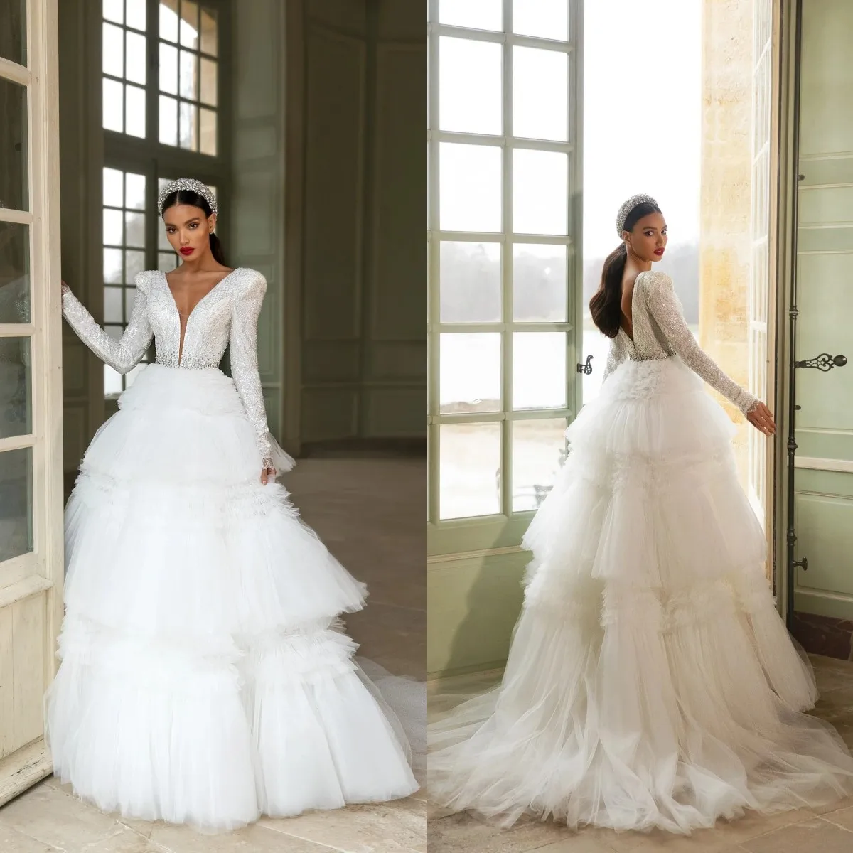 

Modern A-line Wedding Dress V-Neck Cap Long Sleeves Beads Sequins Backless Bridal Gown Tiered Ruffles Tulle Vestidos De Novia