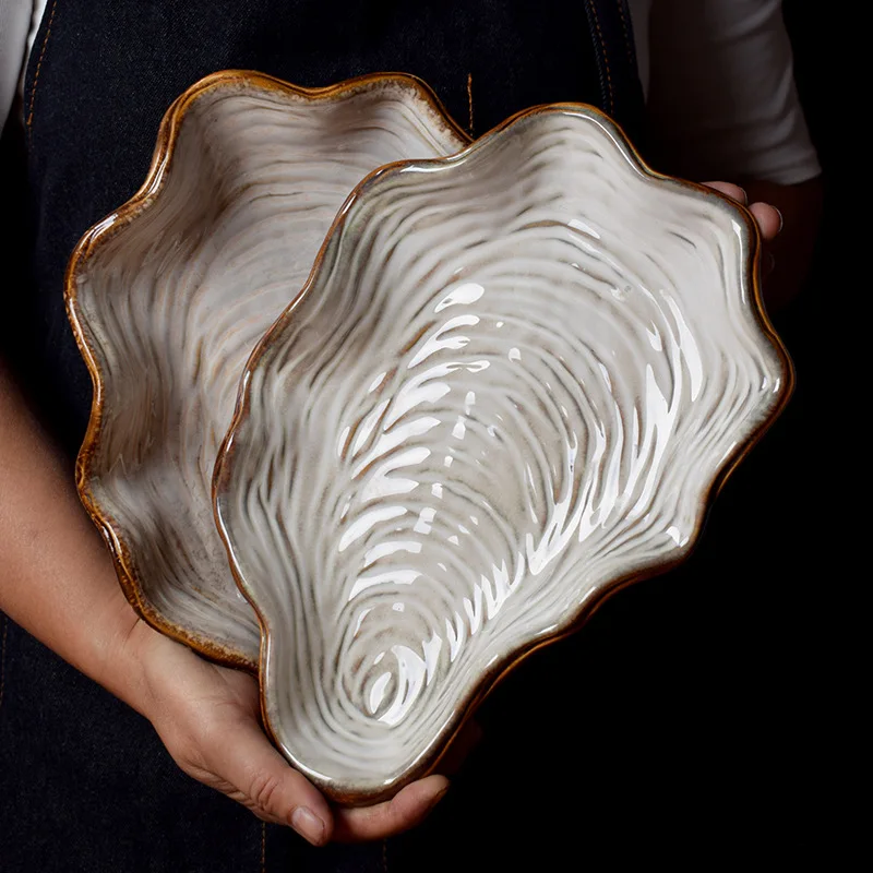 

Japanese Pearl Shell Ceramic Dish Tray Irregular Plate Porcelain Anti-skid Tableware Seafood Dinner Plate Steak Salad Plate