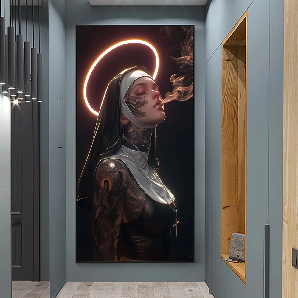 Пикантная тату-машинка монахиня плакат печать христианская курительная холст