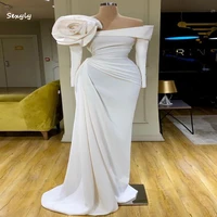 off shoudler mermaid evening dress with handmade florals 2022 satin plus size african prom dress long sleeve pleat formal gown