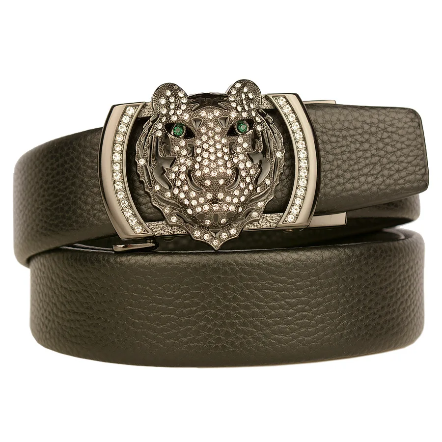 

Diamond-studded Tiger Head Pattern Cowhide Belt For Men Automatic Buckle Personality Male Belts Casual Luxury Brand Waistband