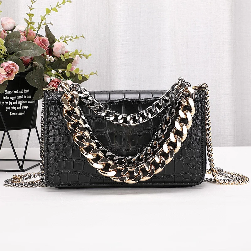 

New Top Crocodile Embossed Women's Bag Leather Fashion Luxury Bag Diagonal Span Thick Chain Gold Women's Bag High-quality