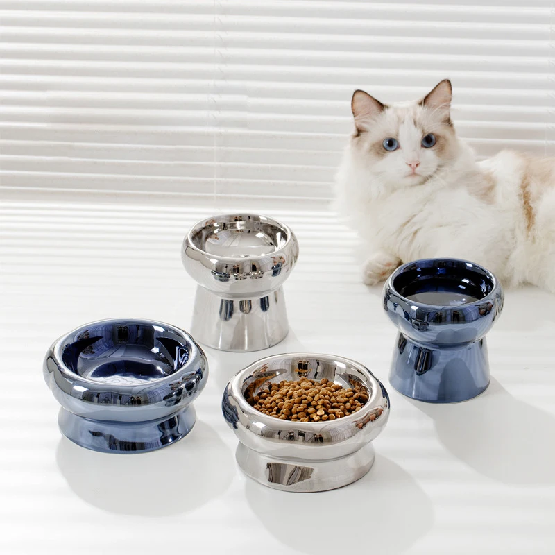 

Cat Electroplating Ceramic Bowl Bright Silver Color Pet Food Water Feeders Elevated Puppy Dogs Drink Eat Feeding Accessories
