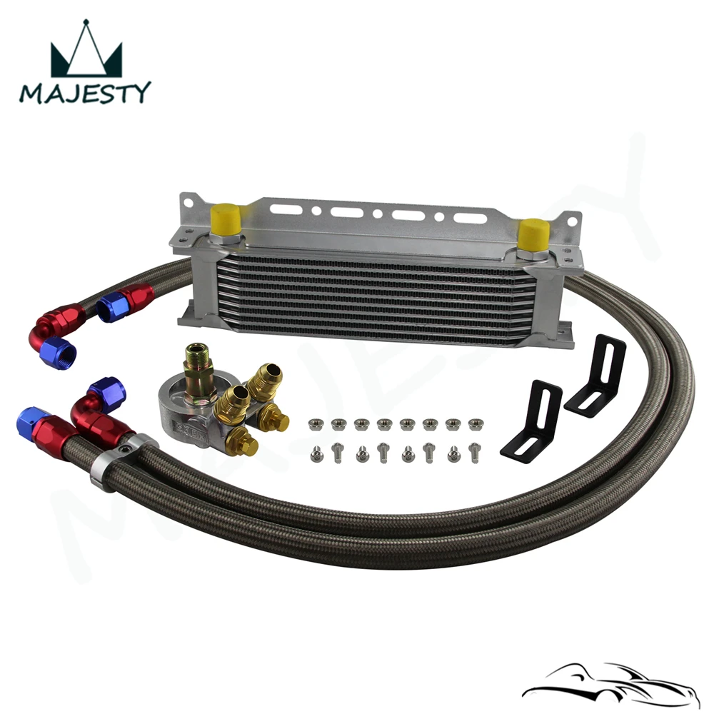 

10 Row Engine Oil Cooler w/ Thermostat 80 Deg Oil Filter Adapter Kit Silver / Black