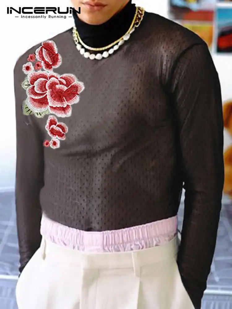 

New Men Stylish All-match Simple Camiseta Breathable Mesh Transparent INCERUN Floral Embroidery Tees Long Sleeved T-Shirts S-5XL