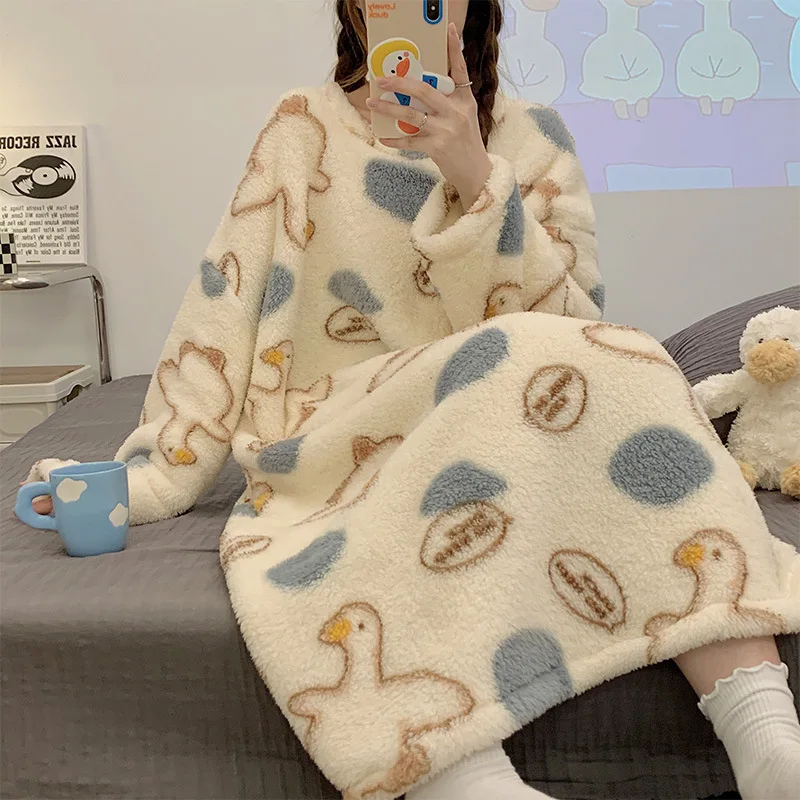 Yasuk Winter Fashion Women's Casual Lovely Print Duck Warm Soft Sleepwear Loose Pajamas Nightdress Flannel Pullover Kawaii