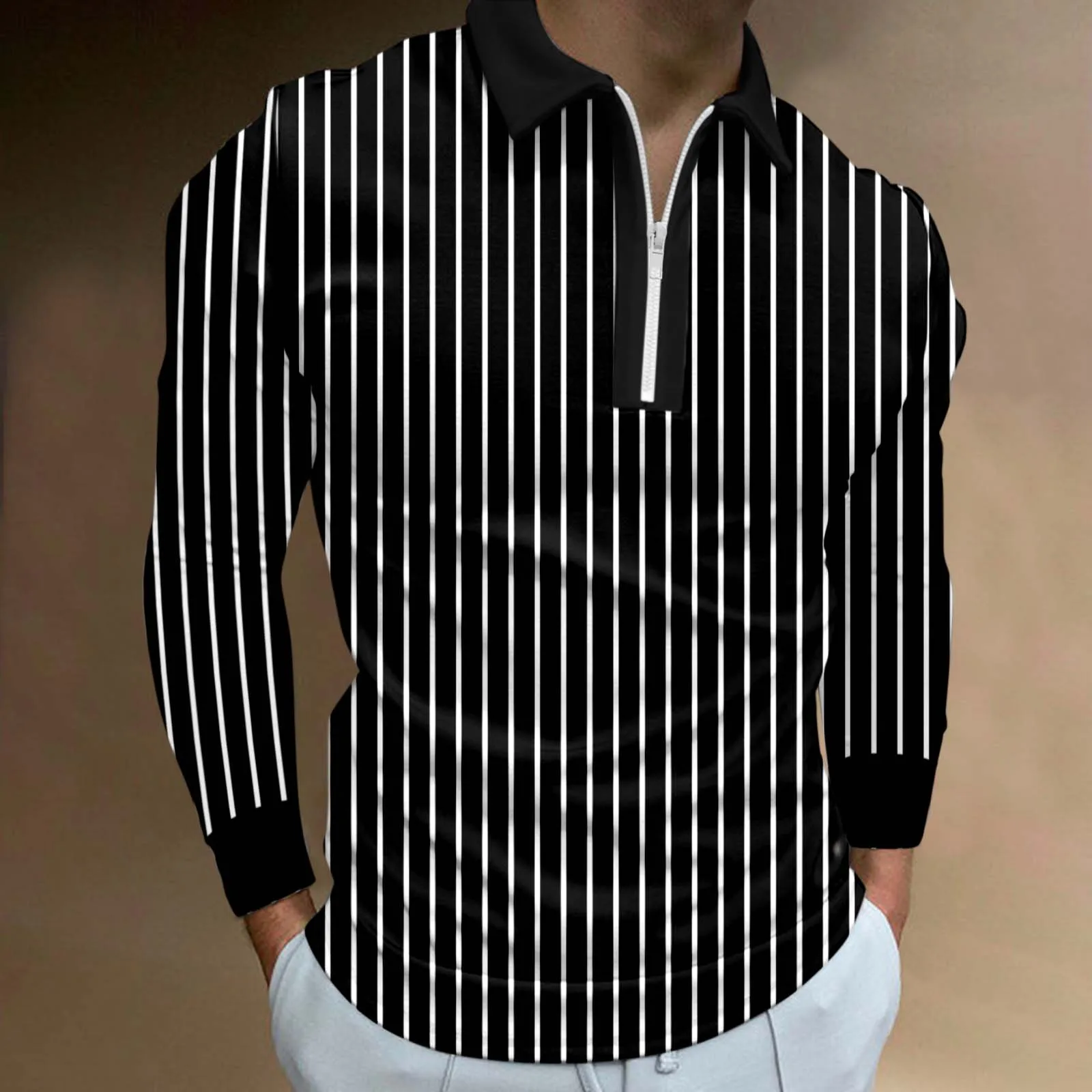 

Male Casual Autumn Striped Printed T Shirt Turn Down Collar Long Sleeve Tops T Shirt Collar Shirts for Men Short Sleeve