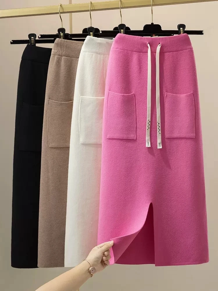 

Long Thick Winter Skirts For Women 2022 High Waist Bodycon Split Skirt Green Office Maxi Knitted Skirts Women Autumn