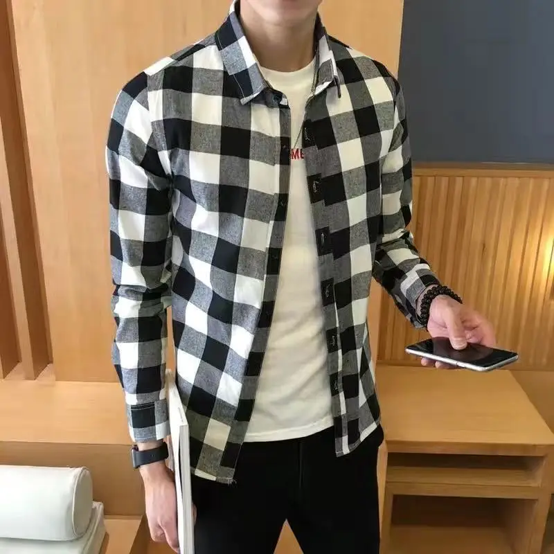 Spring Autumn Korean Plaid Trend Fashion Shirt Man Long Sleeve Temperament Loose Blouse Male All Match Casual Streetwear Clothes