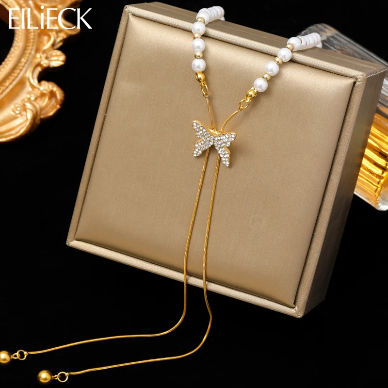 EILIECK 316L нержавеющая сталь бабочка жемчуг длинное ожерелье с кулоном для женщин Модный чокер цепь до ключицы Waterpro ювелирные изделия подарок EILIECK 316L нержавеющая сталь бабочка жемчуг длинное ожерелье с кулоном для женщин Модный чокер цепь до ключицы Waterpro ювелирные изделия подарок