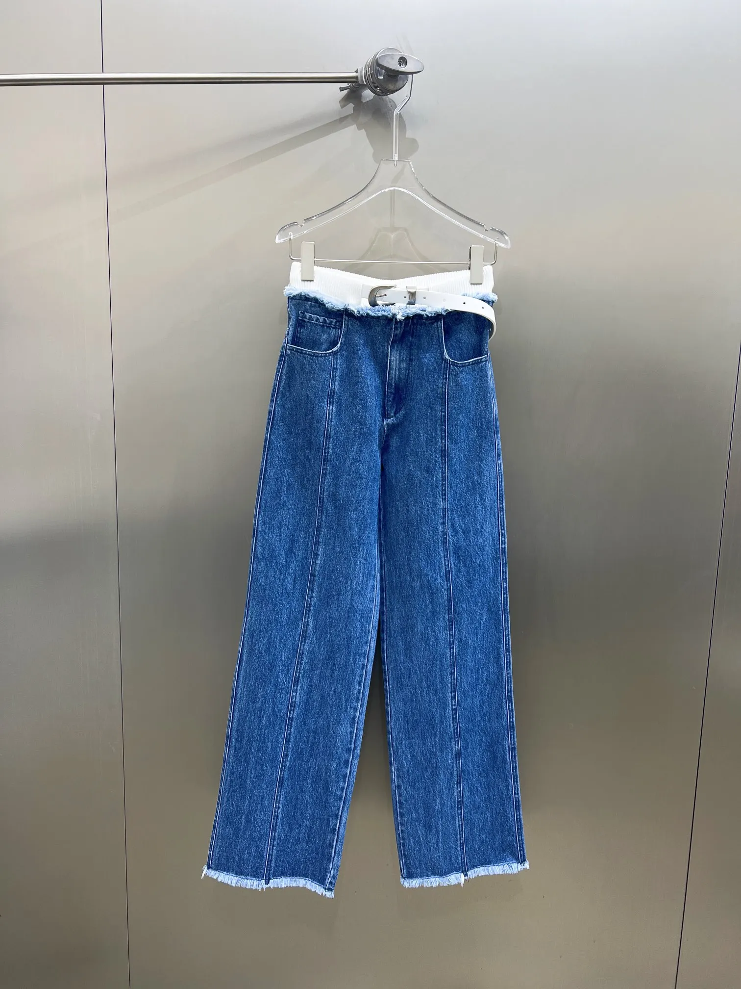 

2023 spring and summer new blue knitted stitching belt straight leg jeans super thin legs long legs