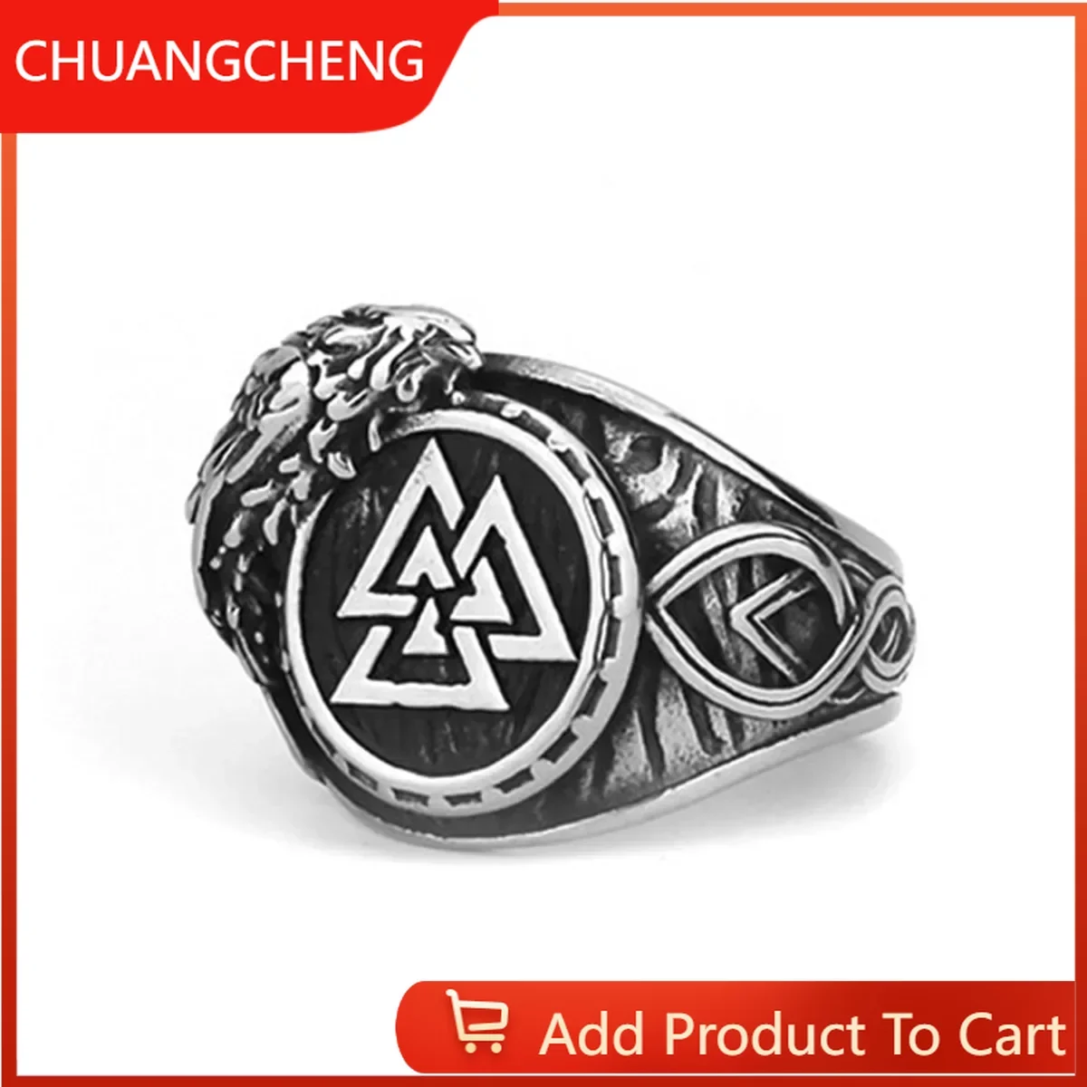 

CHUANGCHENG Men's Vintage Style Fashion Viking Triangle Rune Crow Stainless Steel Rings Size 7-13