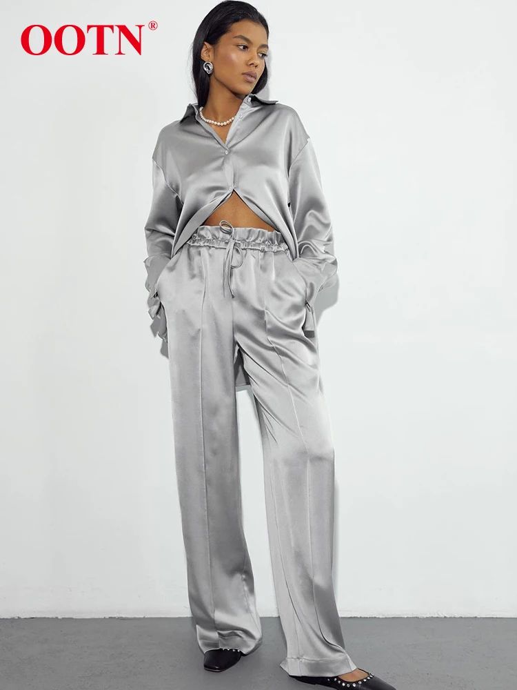 

OOTN Office Lapel Shirt Suits Elegant Satin Long Sleeve Button Up Tops High Waist Drawstring Long Pants Two Piece Sets 2023 Fall