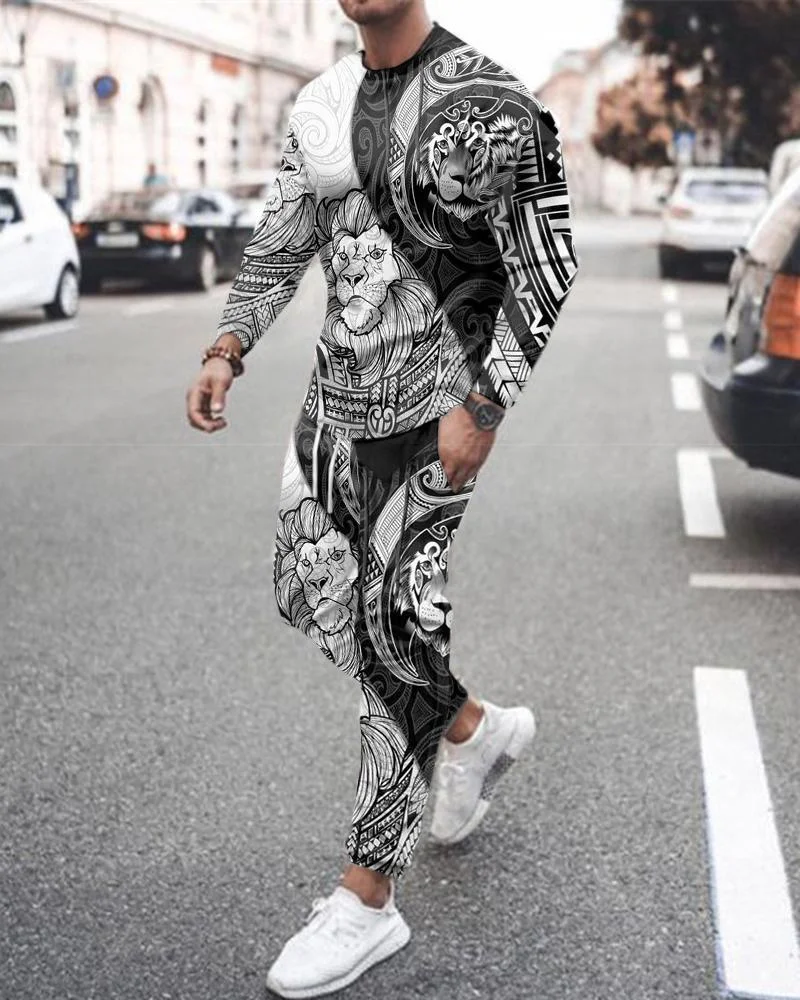 Men's Tiger Pattern Sportswear Fashion Long Sleeve Pants Male Suit Round Neck Loose Breathable Running Clothing Man Streetwear