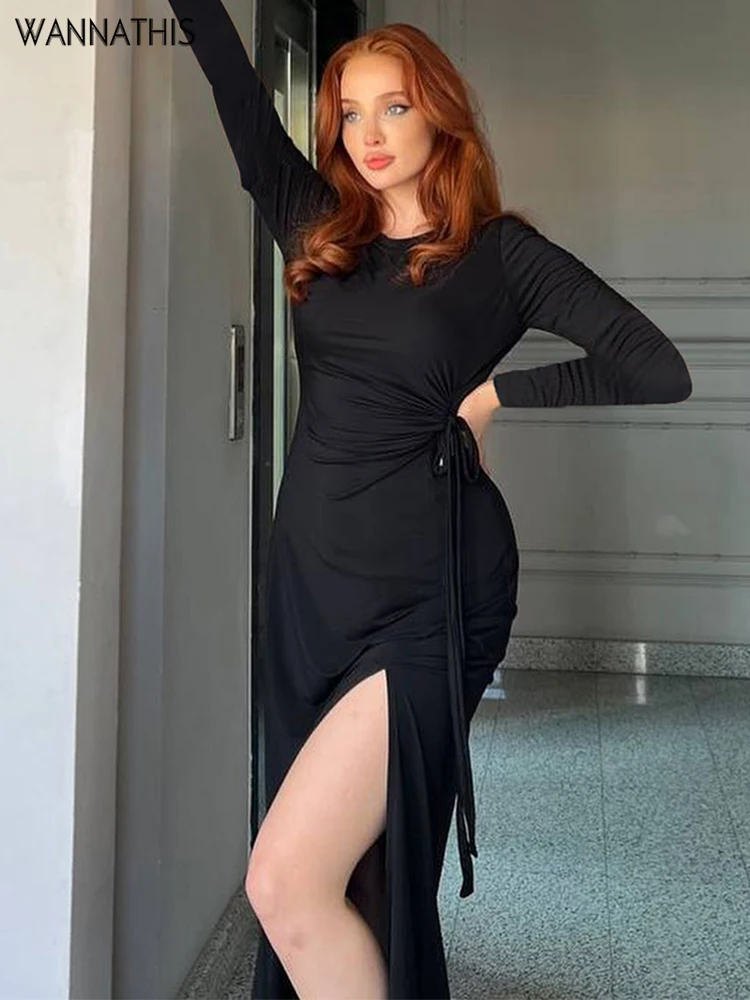 

WannaThis Folds High Split Dress Sexy O Neck Long Sleeve Bandage Bodycon Women Prom Casual Streetwear Wedding Office Lady Dress