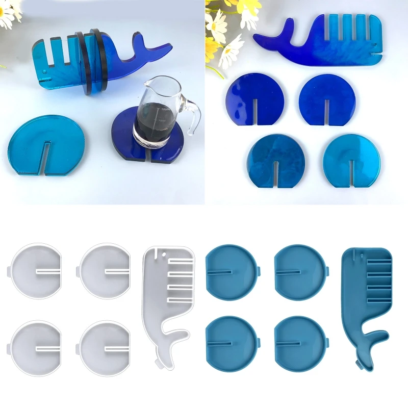 

1 Set Handmade Whale Coaster with Storage Base UV Epoxy Resin Mold Cup Mat with Rack Silicone Mould DIY Crafts Mold
